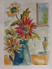 Pichet fleuri 03 / Aquarelle et encre / 50 x 70