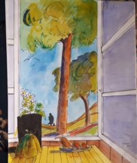 La fenêtre ouverte / Aquarelle et encre / 50 x 70