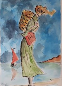 Attente du retour de pèche / Aquarelle et encre / 50 x 70