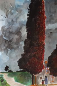 Au près du cyprès géant / Aquarelle et encre / 50 x 70