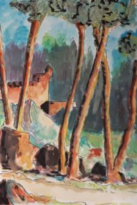 Ruines au bois / Aquarelle et encre / 50 x 70