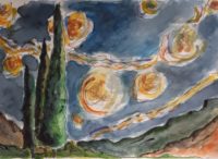 Les trois cyprès / Aquarelle et encre / 70 x 50