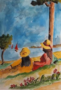 Admiratrices de la vue / Aquarelle et encre / 50 x 70