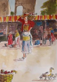 Retour du marcher / Aquarelle et encre / 50 x 70