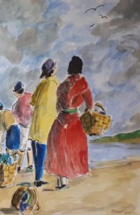 Attente sur la grève / Aquarelle et encre / 50 x 70