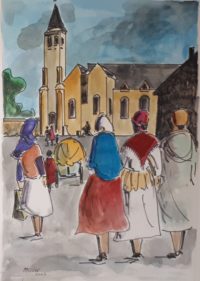 Sur le chemin du service religieux / Aquarelle et encre / 50 x 70