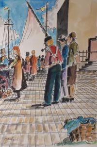 Sur les quais / Aquarelle et encre / 50 x 70