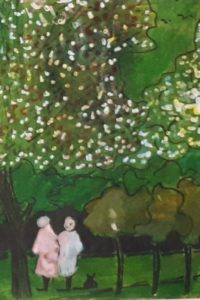 Sous les amandiers en fleurs / Aquarelle et encre / 50 x 70