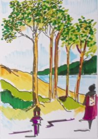 Le sentier du lac / Aquarelle et encre / 50 x 70