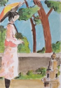 Femme à l'ombrelle / Aquarelle et encre / 50 x 70