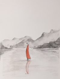 Lac et son voilier / Aquarelle et encre / 50 x 70