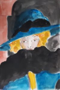 Femme au col de fourrure / Aquarelle et encre / 50 x 70