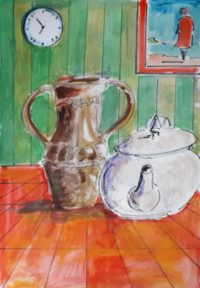 Nature morte vase et théière / Aquarelle et encre / 50 x 70 