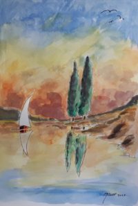 Voilier au lac / Aquarelle et encre / 50 x 70