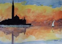 Venise et coucher de soleil / Aquarelle et encre / 70 x 50 