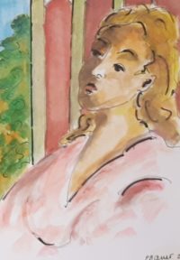 A la robe rose / Aquarelle et encre / 50 x 70