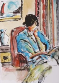 Lecture au salon / Aquarelle et encre / 50 x 70