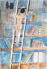 La bibliothécaire sans gène / Aquarelle et encre / 50 x 70