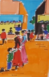 En route pour les courses / Aquarelle et encre / 50 x 70