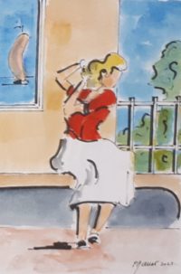 L'attente au banc / Aquarelle et encre / 50 x 70