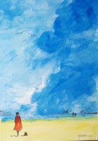 Sur la grève et son chien / Aquarelle et encre / 50 x 70 