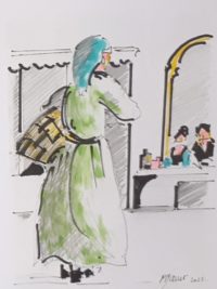 Le panier au bras / Aquarelle et encre / 50 x 70 