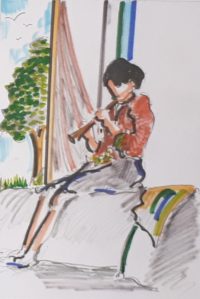 Musicienne à la flute / Aquarelle et encre / 50 x 70 