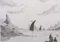Marine aux trois voiliers / Encre / 70 x 50 
