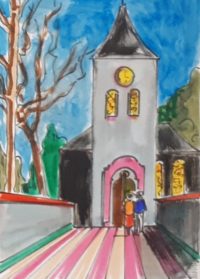 Le parvis de la chapelle / Aquarelle et encre / 30 x 50 