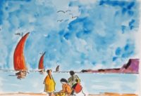 En attente de la pèche / Aquarelle et encre / 70 x 50 