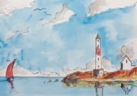 La pointe du phare / Aquarelle et encre / 50 x 30