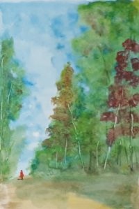 Seule en forêt 01 / Aquarelle et encre / 30 x 50