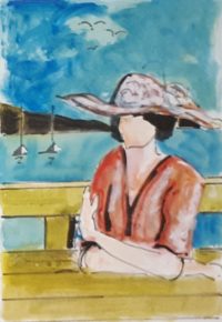 Table et mer / Aquarelle et encre / 30 x 50 