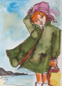 Jeunette à l'imper / Aquarelle et encre / 30 x 50