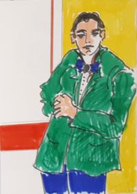 Jeune homme au veston vert / Aquarelle et encre / 30 x 50