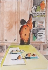 Que cette étagère est haute ! /Aquarelle et encre / 30 x 50