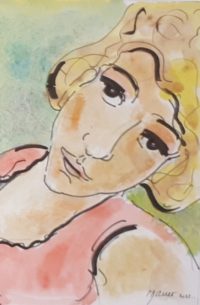 Portrait au visage incliné / Aquarelle et encre / 30 x 50 