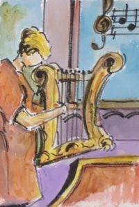 La harpiste / Aquarelle et encre / 30 x 50 