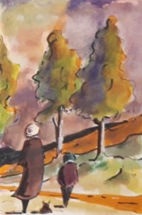 Sortie en plein air / Aquarelle et encre / 30 x 50