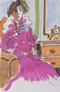 Visite de la voisine / Aquarelle et encre / 30 x 50 