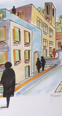 La rue montante / Aquarelle et encre / 30 x 50