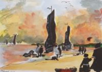 L'arrivée de la pèche / Aquarelle et encre / 50 x 30