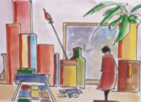 Un coin de l'atelier / Aquarelle et encre / 50 x 30
