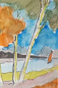 Le long du fleuve / Aquarelle et encre / 30 x 50