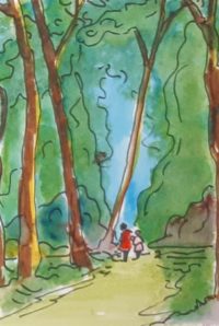 Duo en forêt / Aquarelle et encre / 30 x 50