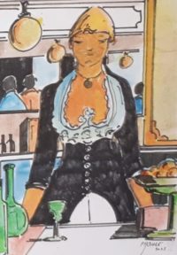 La serveuse du bar / Aquarelle et encre / 30 x 50