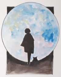 Silhouettes et lune / Aquarelle et encre / 30 x 50