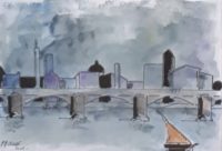 Le grand pont à la tombée du jour / Aquarelle et encre / 50 x 30