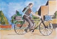 Une deux roues en action / Aquarelle et encre / 50 x 30