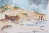 L'épave au sec / Aquarelle et encre / 50 x 30